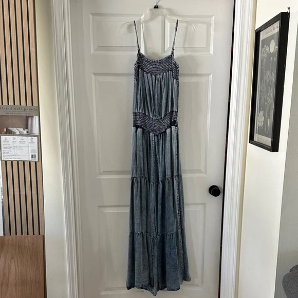 Oli & Hali Dusty Blue Tiered Maxi Jumpsuit with Smocked Waist - Picture 1 of 5